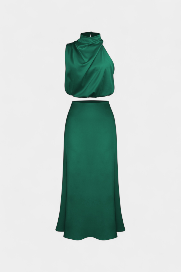 Hanna Two-Piece Draped Halter Neck Set with Open Back Design