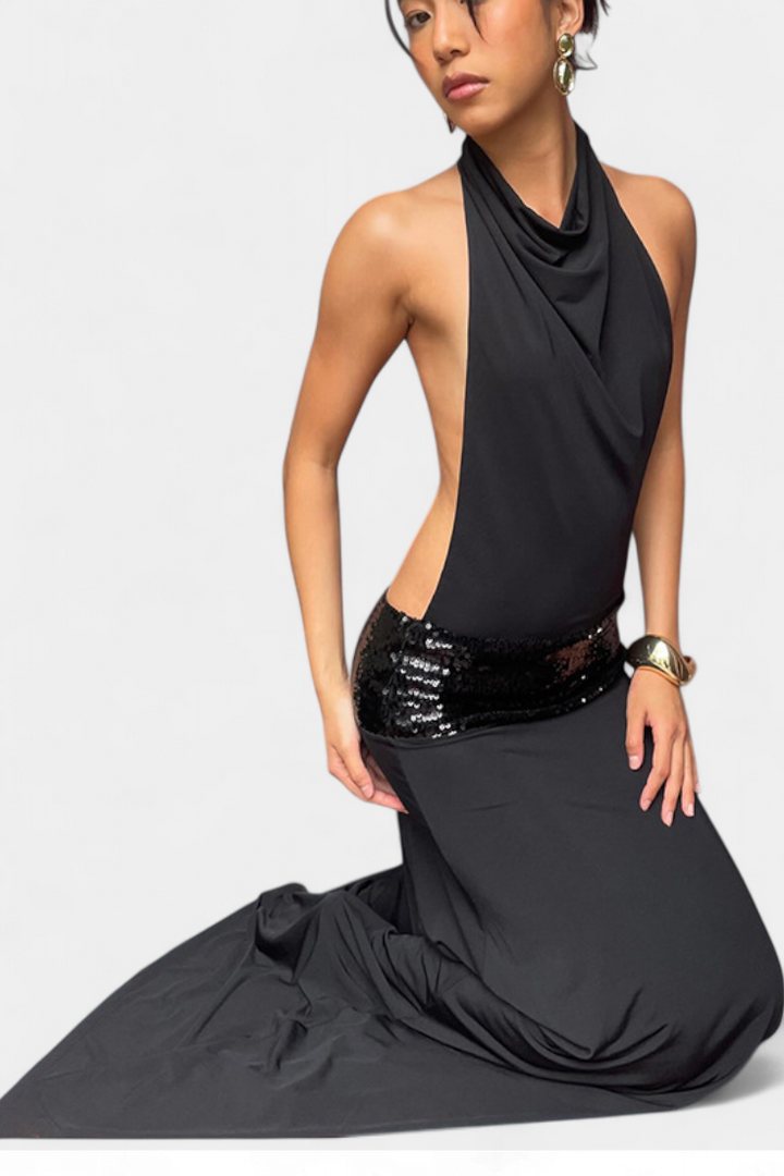 Georgia Halter Dress with Open Back and Sequin Accents