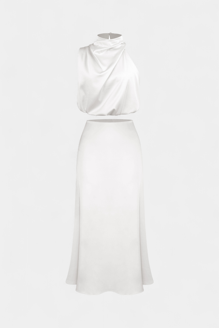 Hanna Two-Piece Draped Halter Neck Set with Open Back Design