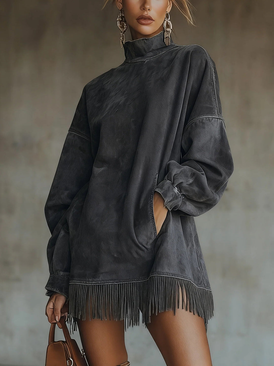 Gabrielle | Mini Dress with High Collar and Fringes