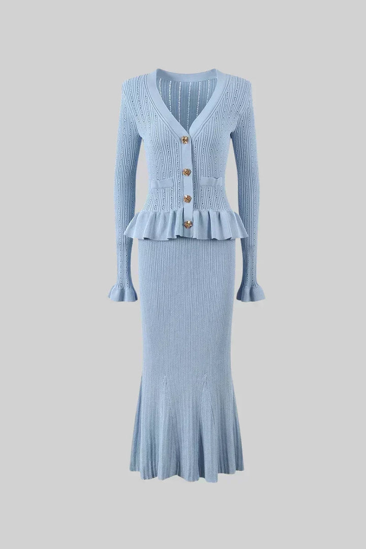 Prudence Knit Ensemble: Ruffled Cardigan and Flared Midi Skirt