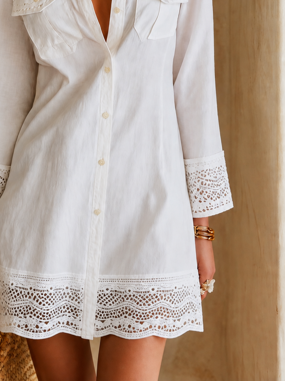 Evelyn | Bohemian Eyelet Hem Shirt Mini Dress