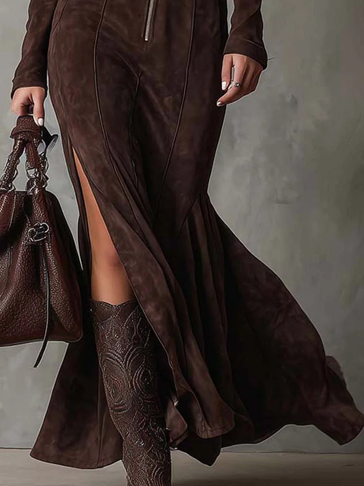 Claudia | Long Brown Dress with Belt