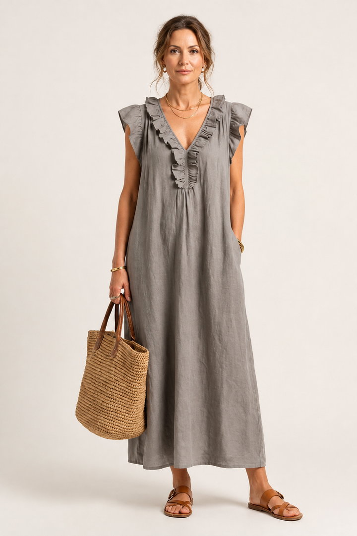 JOSETTE™| Ruffle V-Neck Linen Maxi Dress