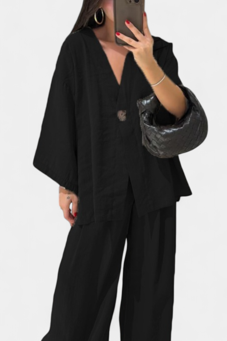 Eli V-Neck Top with Straight-Leg Pants Set