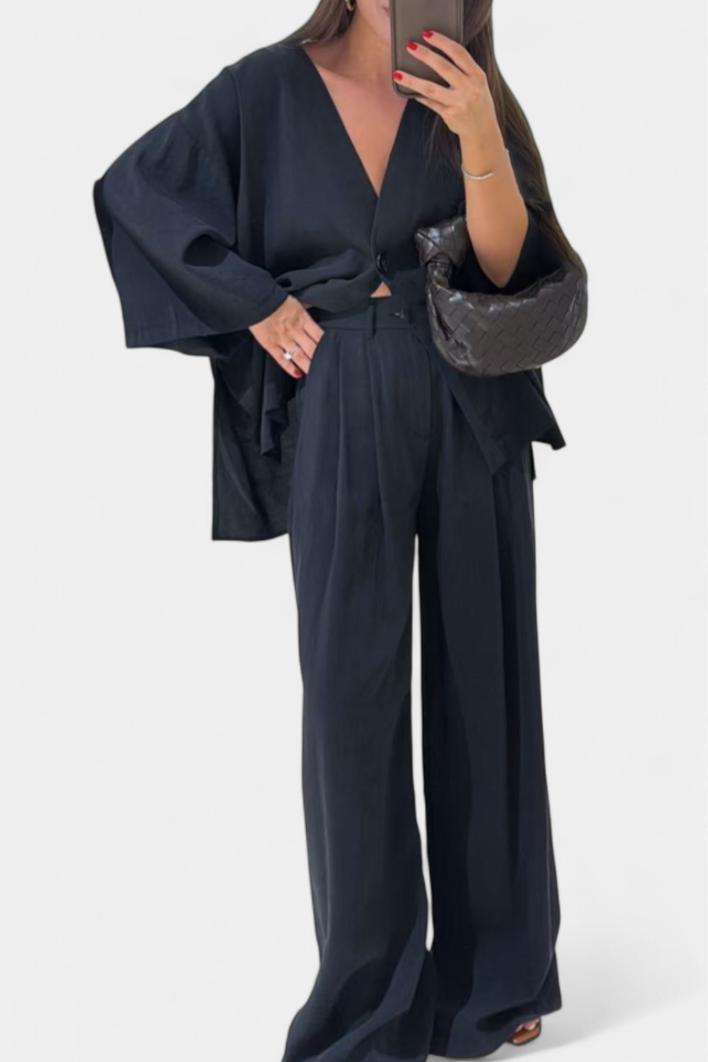 Eli V-Neck Top with Straight-Leg Pants Set