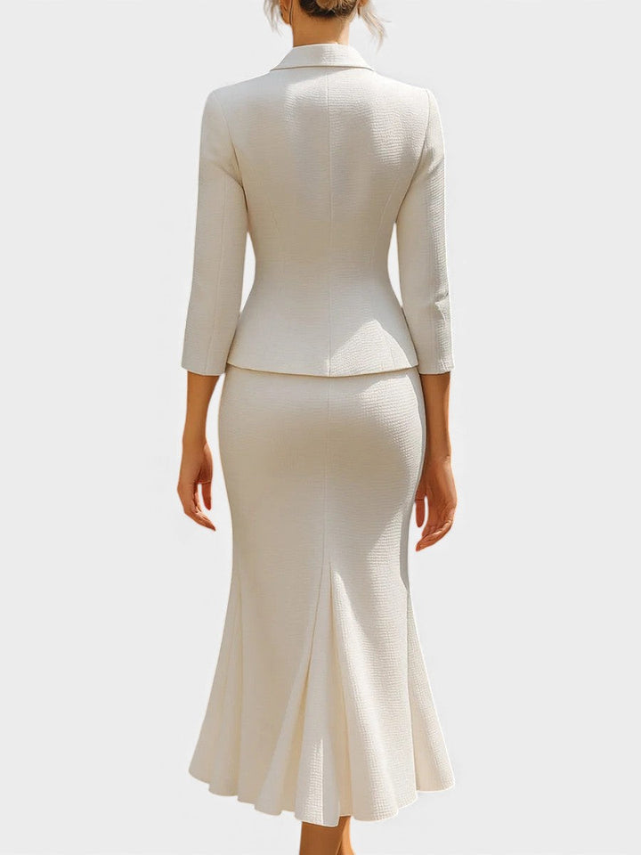 Natalina Chic Ecru Tailored Suit with Flowing Long Wrap Skirt