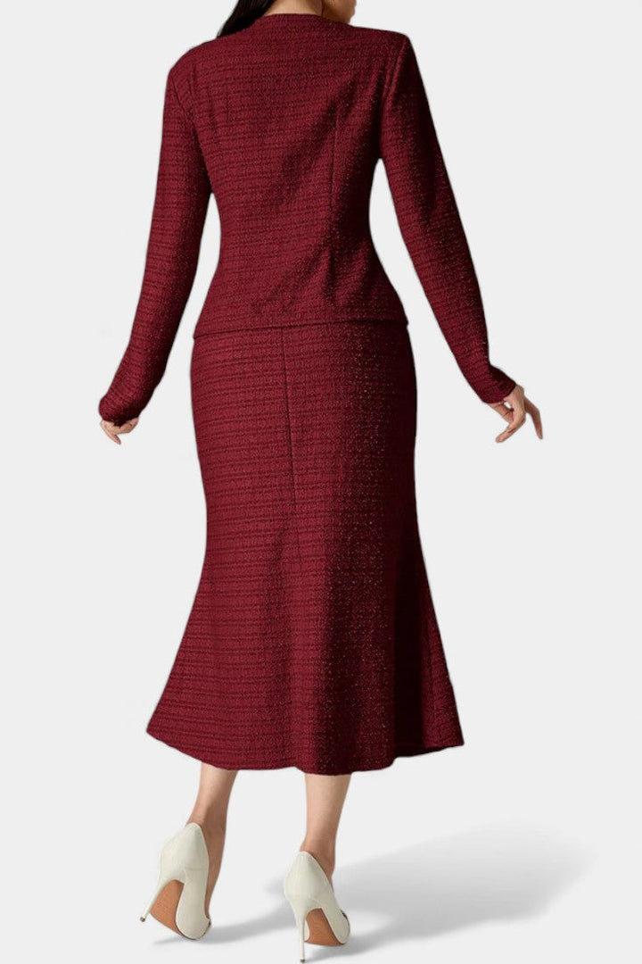 Véronique Two-Piece Tweed Ensemble – Round Neck Blouse with Midi Mermaid Skirt