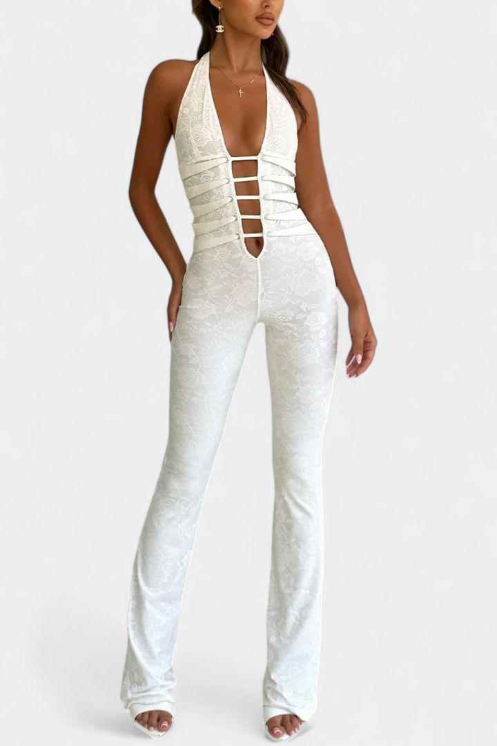 Kendra Floral Lace Halter Jumpsuit Featuring an Open Back