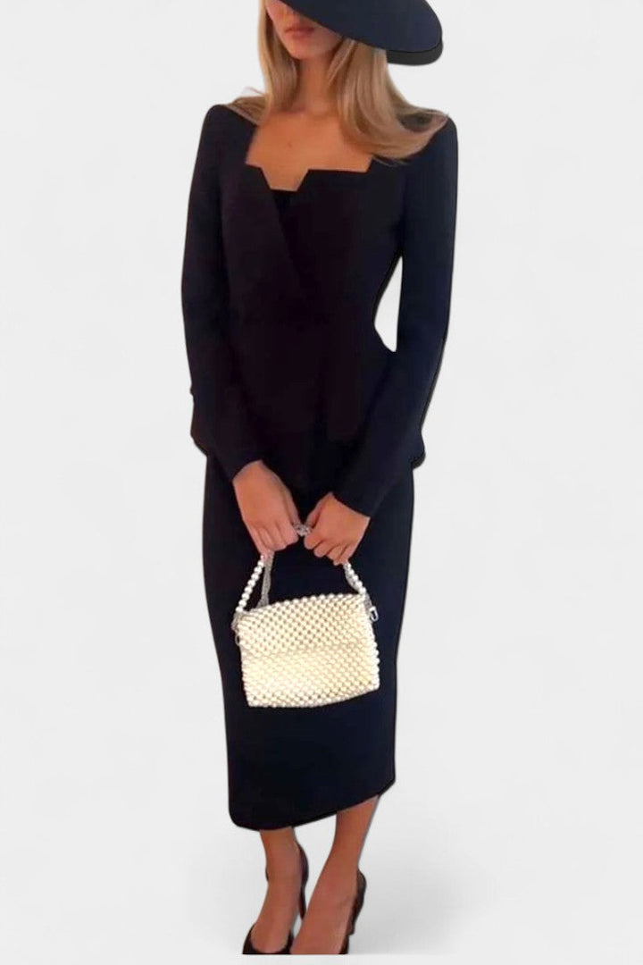 Ediline Blazer Set with Square Collar and Flowing Long Skirt