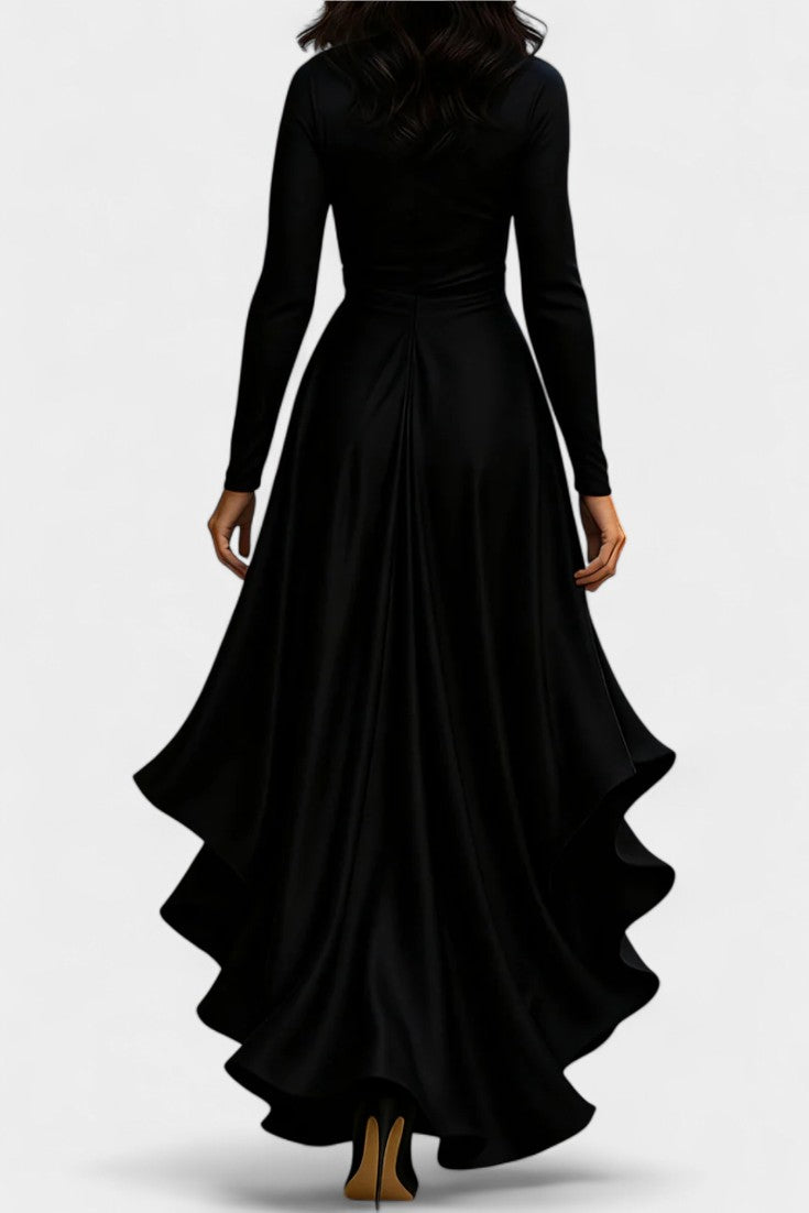 Isabeau Satin Dress Featuring Ruffled Hem and Adjustable Waist Belt