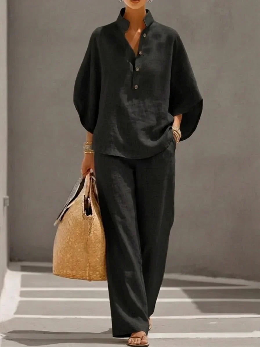 Sophie | Linen Set with Batwing Sleeves and Wide Trousers