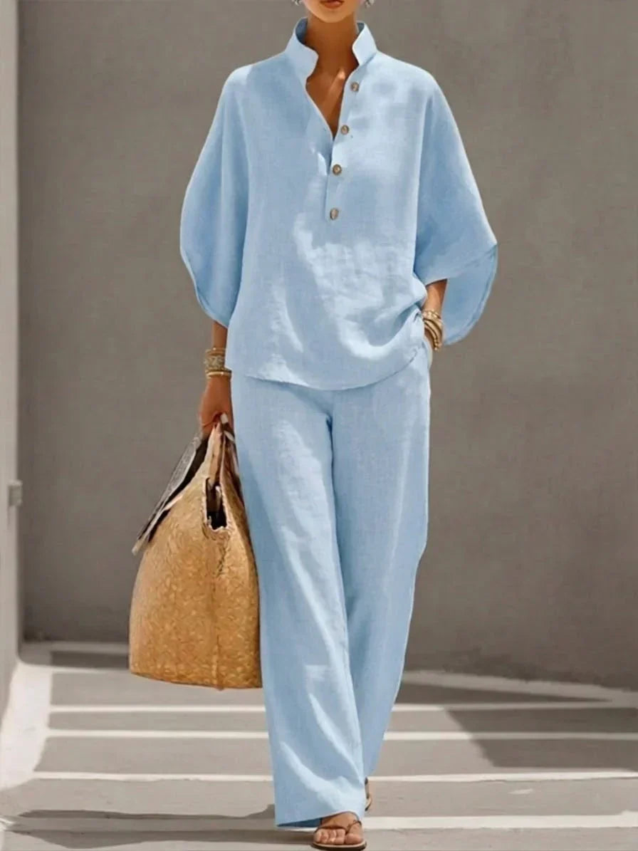 Sophie | Linen Set with Batwing Sleeves and Wide Trousers