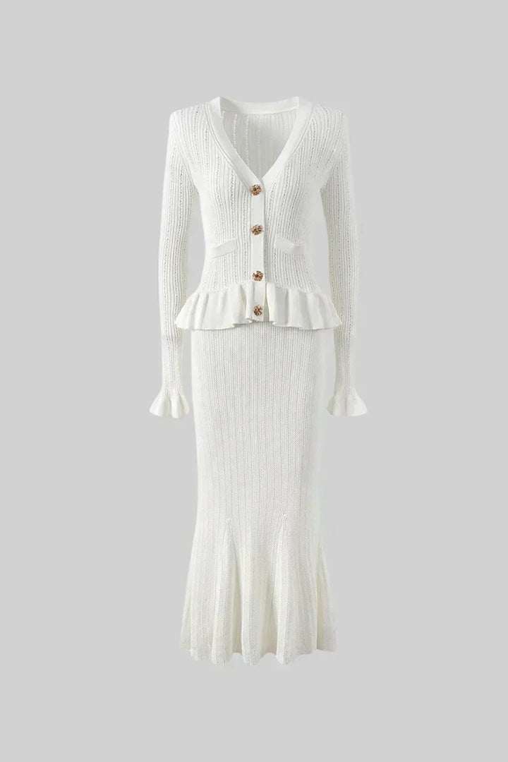Prudence Knit Ensemble: Ruffled Cardigan and Flared Midi Skirt